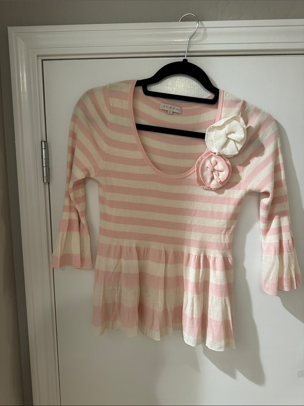 Sorel Pink & Cream Striped Scoop-Neck Peplum Sweater